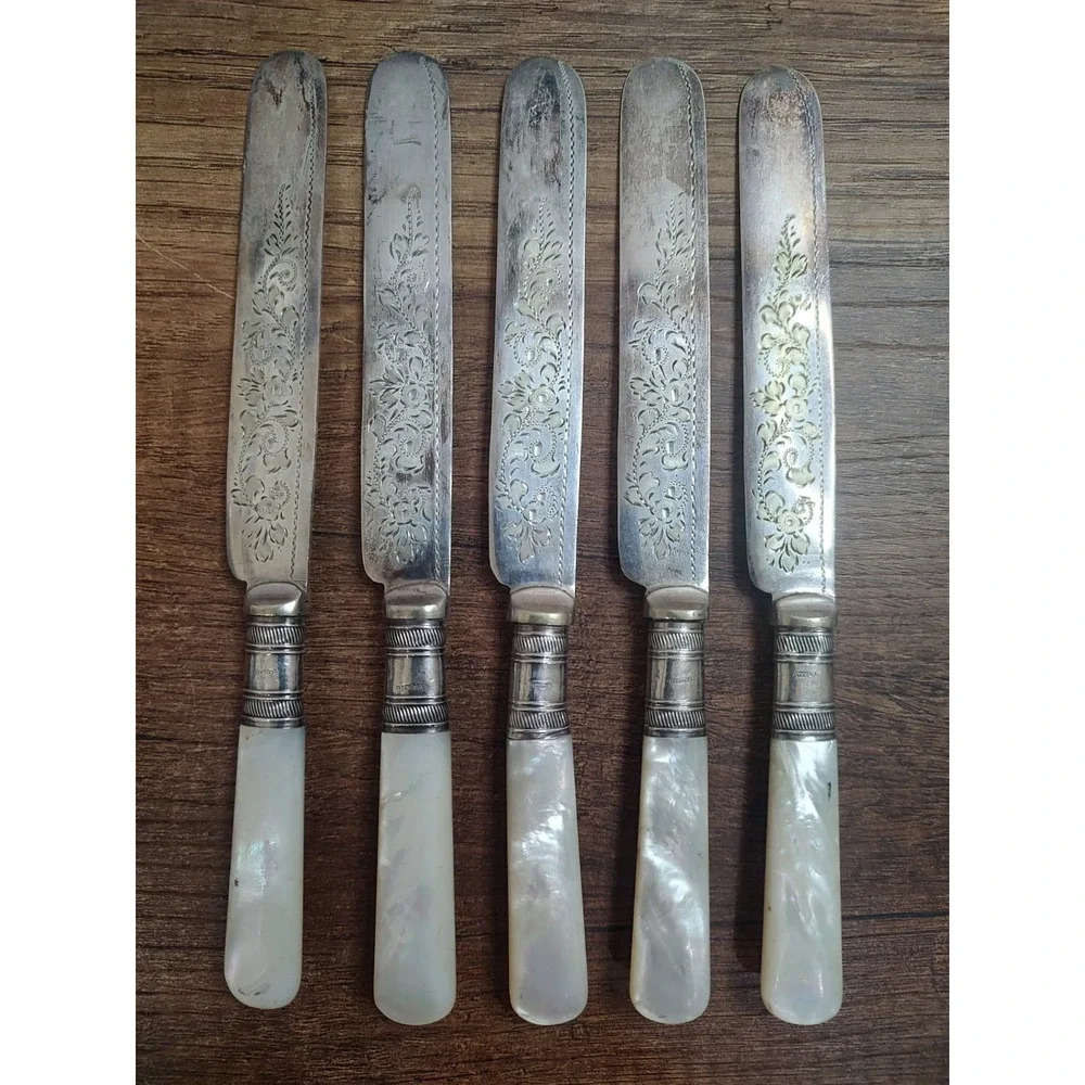 Antique Sheffield EPNS Butter Knives Set of 5 Sterling Ferrules Mother of Pearl